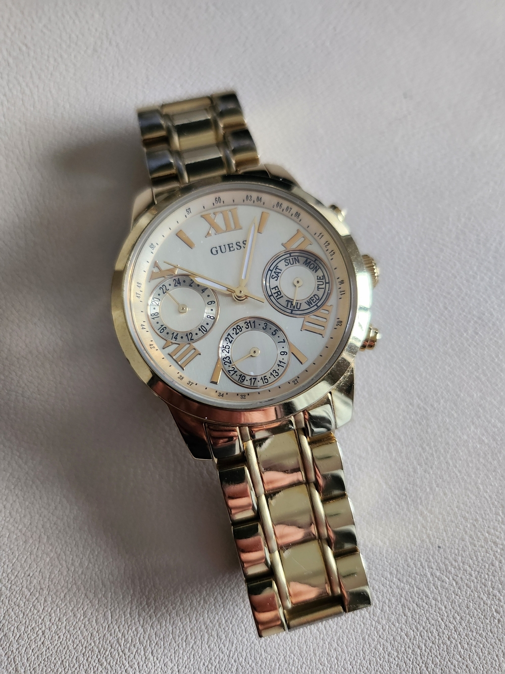 GUESS Women Gold and White Multifunction Bracelet Watch